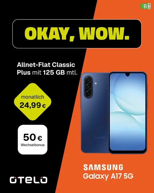 otelo Allnet-Flat Classic Plus mit 125 GB und Samsung Galaxy A17 5G, monatlich 24,99 €, 50 € Wechselbonus