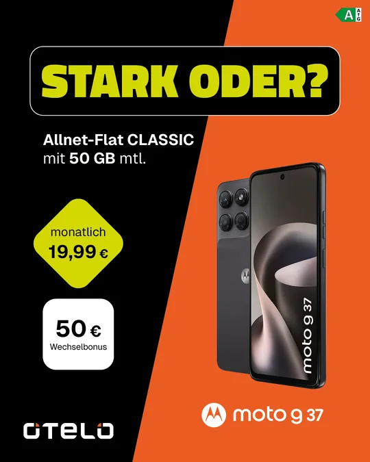 otelo Allnet-Flat Classic mit 50 GB und Motorola moto g37, monatlich 19,99 €, 50 € Wechselbonus