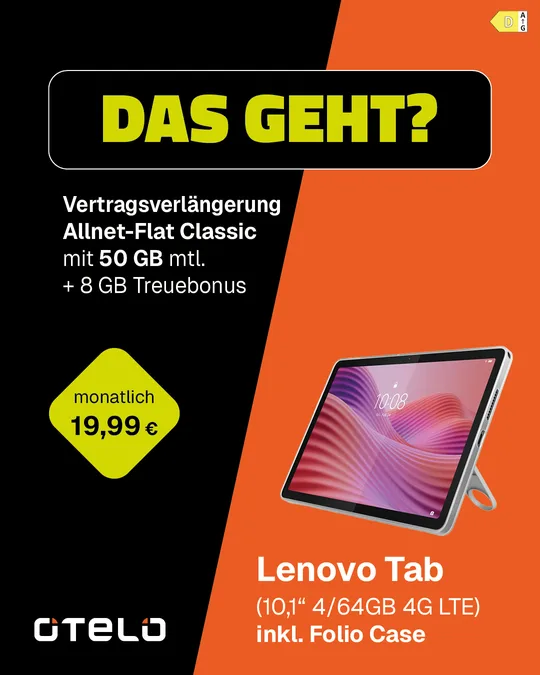 otelo Allnet-Flat Classic contract extension with 50 GB plus 8 GB loyalty bonus and Lenovo Tab, monthly 19,99 €